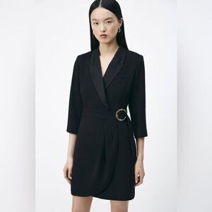 SUNCOO Paris Robe Noire Cliff Belted Wrap Blazer Tux Dress in Black T1